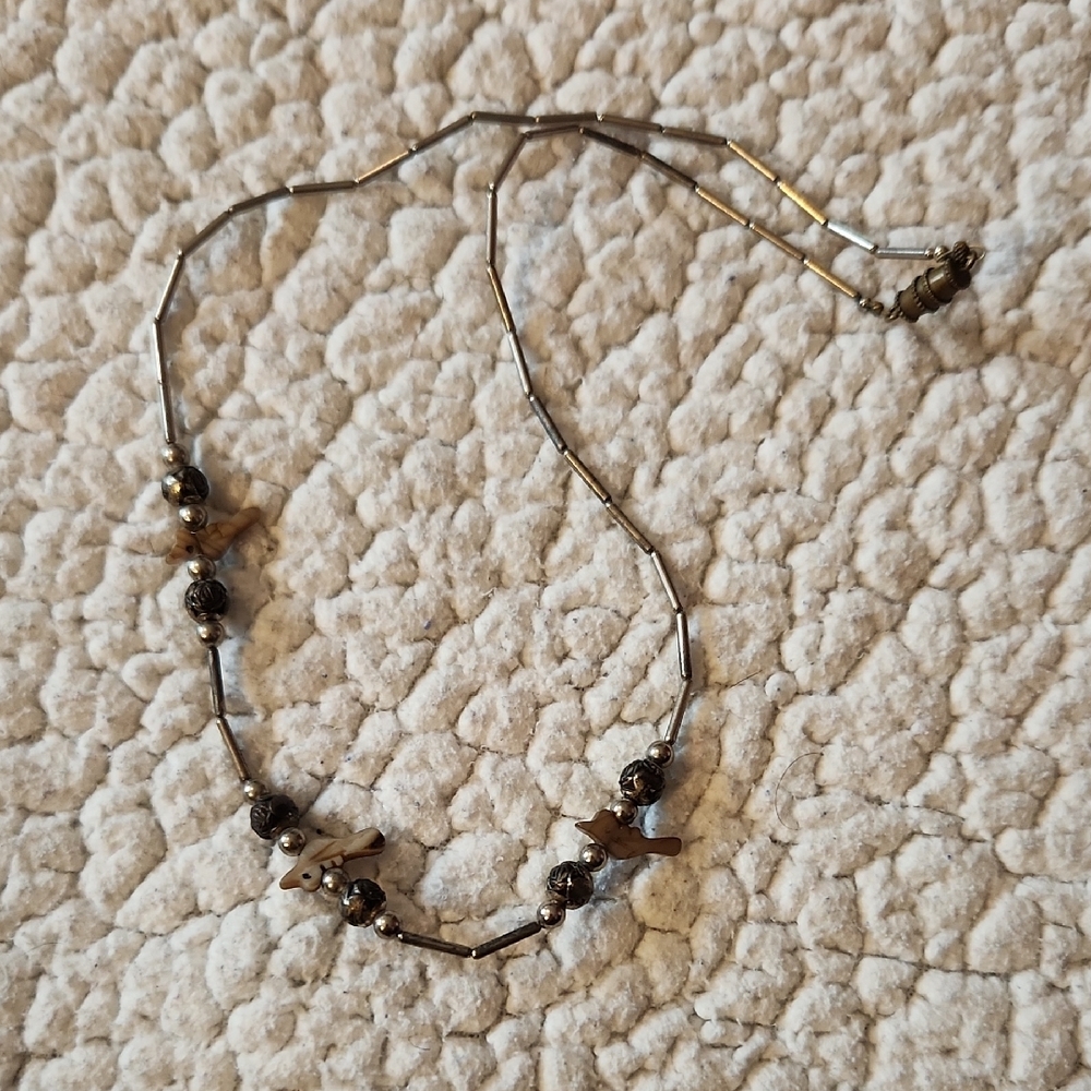 Vintage 80's Southwest Silver Heishi Bird Charm Boho Beaded Distressed Necklace